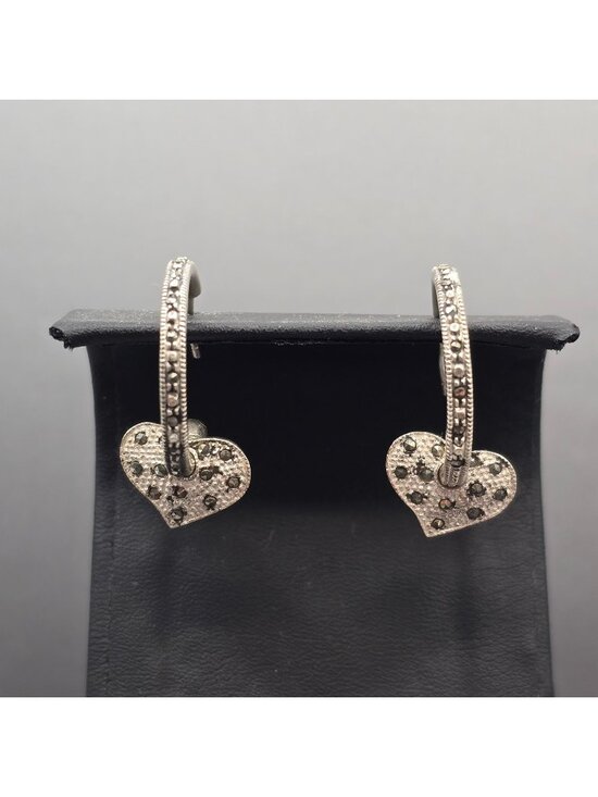 Estate Jewelry - Sterling Silver Marcasite Heart Hoop Earrings Removable Charms 2 In 1 Style